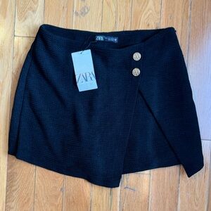 Zara Black Textured Wrap Mini Skirt with Decorative Gold Buttons